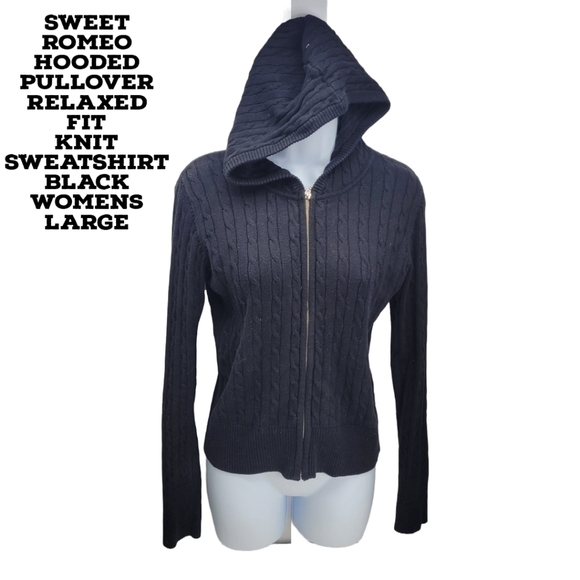 Sweet Romeo Hooded Pullover Relaxed Fit Knit Sweatshirt Black Womens Large - Picture 1 of 6